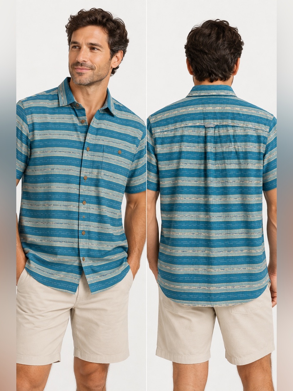 Carbon2Cobalt Men’s Teal Striped Short Sleeve Button-Up Shirt Size L 100% Cotton
